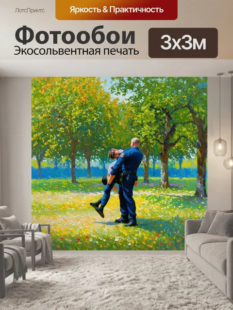Фотообои фельдшер, поднимающий пациента с земли в парке, окружённом зелеными деревьями и цветами