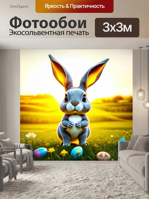 Фотообои кролик с большими ушами, стоящий на зелёной лужайке, среди весенних цветов, с ярким закатом на заднем плане
