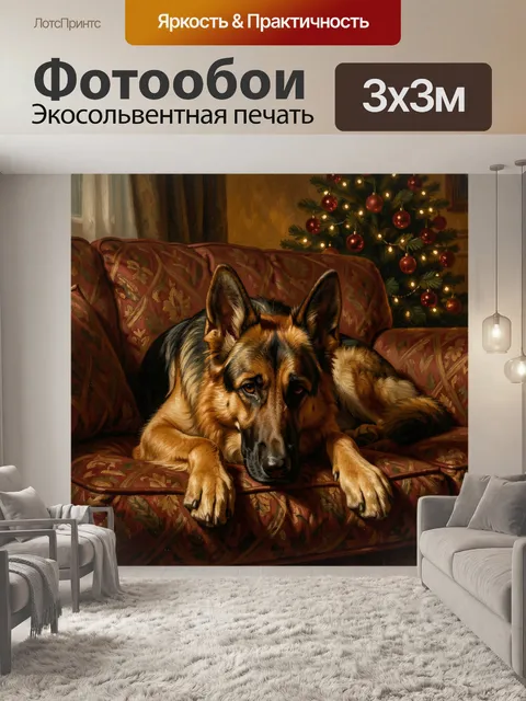 Фотообои Овчарка у новогодней елки