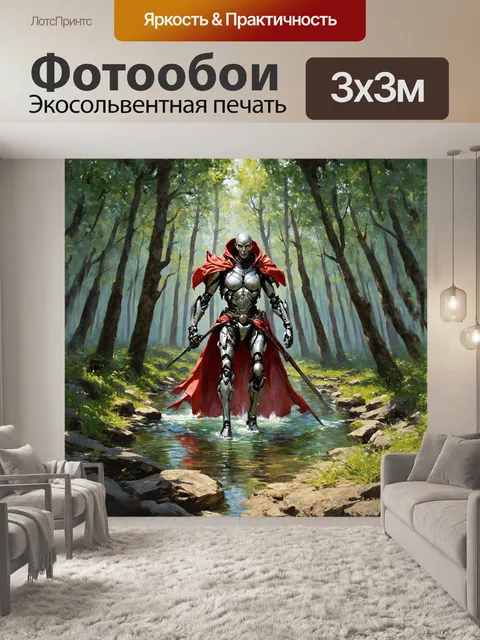 Фотообои **киборг, нарисованный акварелью в фантастическом лесу**