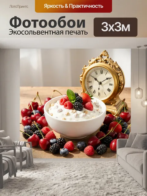 Фотообои Ягоды и кремовый десерт с часами
