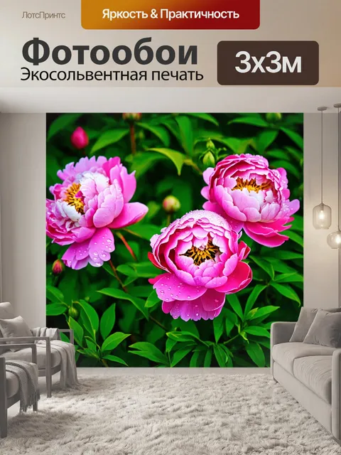 Фотообои пионы, с каплями дождя на их лепестках, создавая атмосферу свежести и живости после дождя