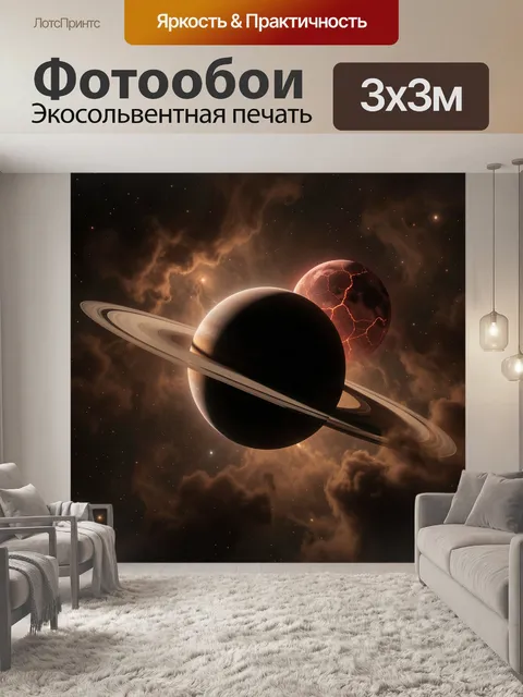 Фотообои Кольцевая планета и раскалённый спутник
