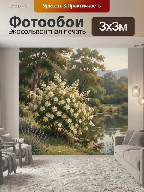 Фотообои Цветущий куст у лесного пруда