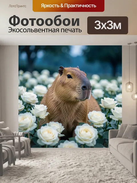 Фотообои Капибара среди белых роз