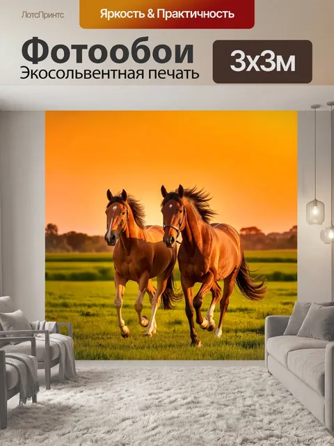 Фотообои лошади мчатся по зеленому полю на закате