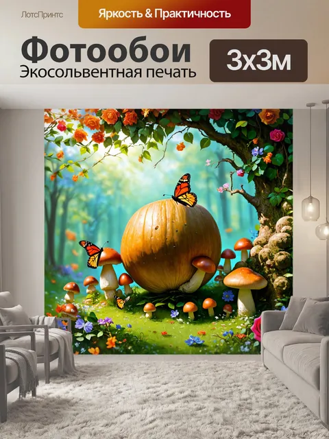 Фотообои бабочки, собранные вокруг большого ореха, окруженного грибами и розами, создающими атмосферу волшебства