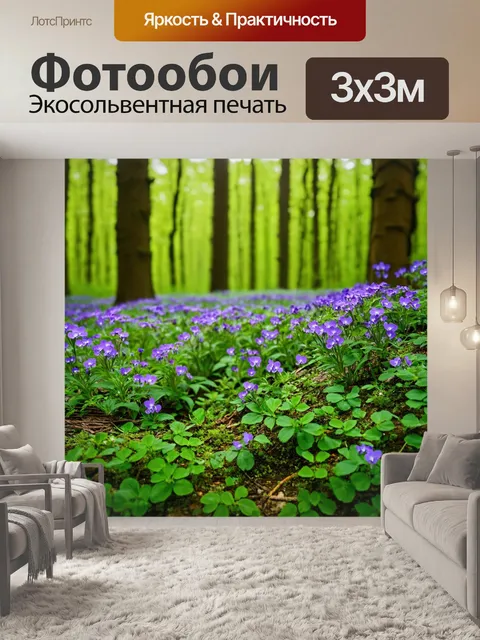Фотообои лес с цветами дикой фиалки, которые растут по обочинам