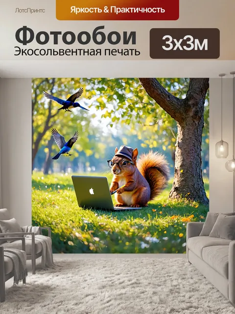 Фотообои веселая белка в шапке и очках, сидящая в парке за ноутбуком и пишущая статьи