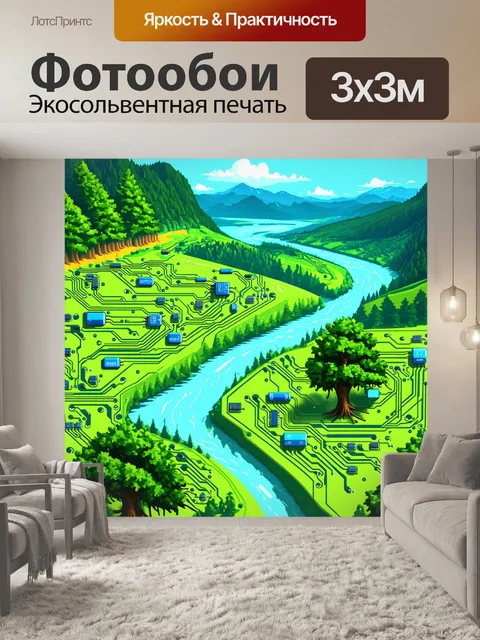 Фотообои изобразите пейзаж, созданный из печатных плат и микросхем, где конденсаторы выступают в роли деревьев, а…