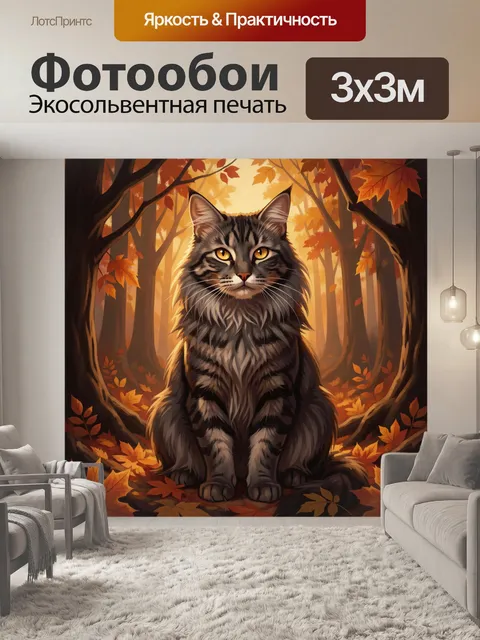 Фотообои Серый кот в осеннем лесу