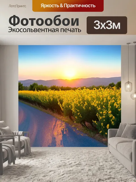 Фотообои прованс: закат над тихими кустами с солнечными цветами, раскинувшимися вдоль дороги