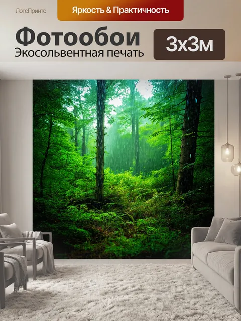 Фотообои лес с омывающими деревьями каплями дождя