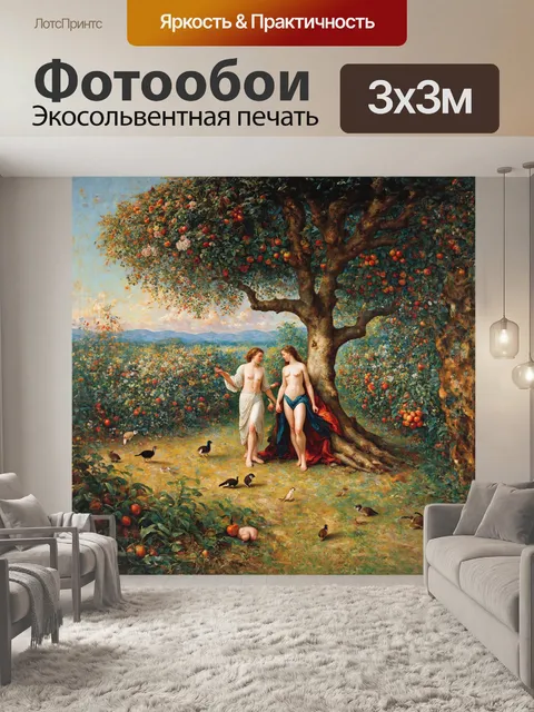 Фотообои в мягком свете утреннего солнца изображена сцена, где адам и ева располагаются под раскидистым деревом