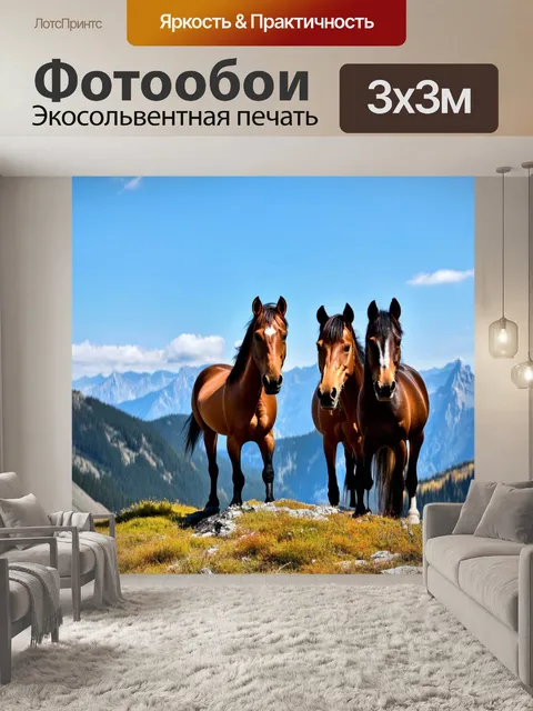 Фотообои лошади, стоящие на вершине горы с видом на живописный ландшафт, где горы встречаются с небом