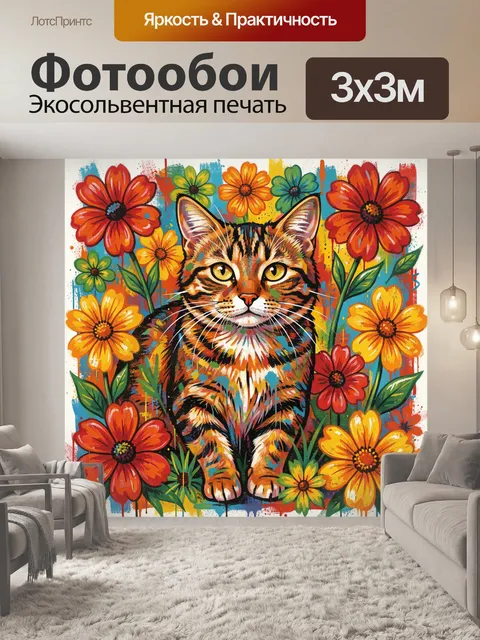 Фотообои Тигр среди ярких цветов