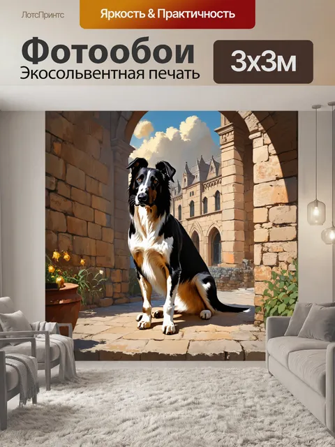Фотообои ручная роспись, изображающая борзую на фоне старинной архитектуры, с детально проработанными текстурами…