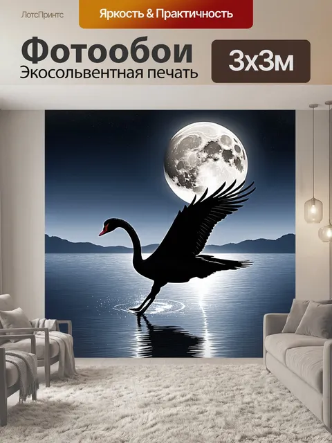 Фотообои черный лебедь, летящий над спокойным морем, где отражение луны создает магическую атмосферу