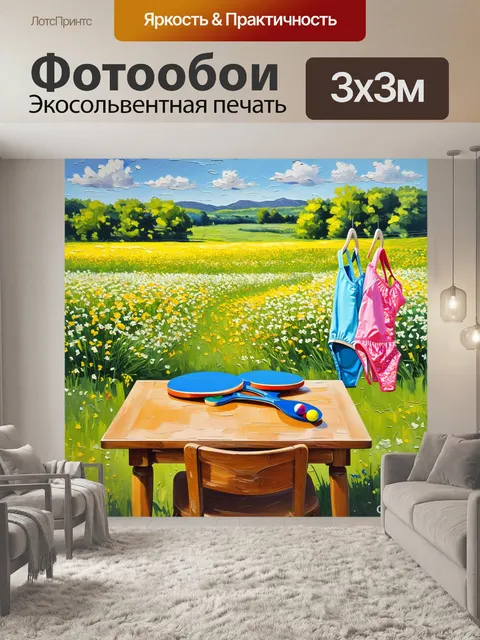 Фотообои живописный пейзаж деревенского клуба настольного тенниса, окружённого зелёными лугами и цветущими полями