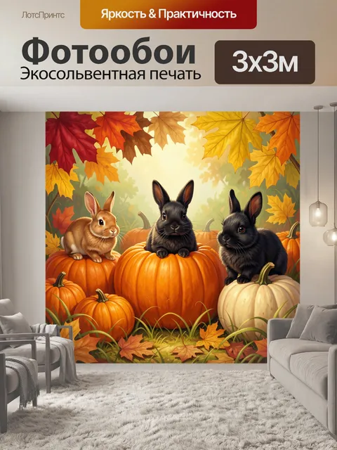 Фотообои Зайцы среди осенних тыкв