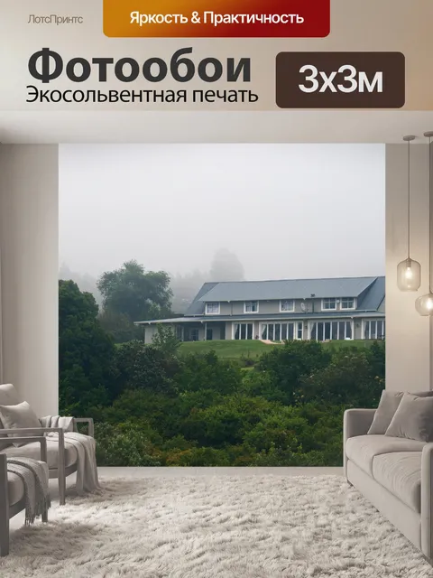 Фотообои вид на большой коттедж между деревьями
