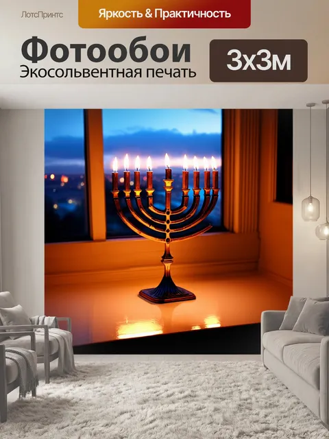 Фотообои затопленная светом менора, установленная на подоконнике с видом на вечерний город