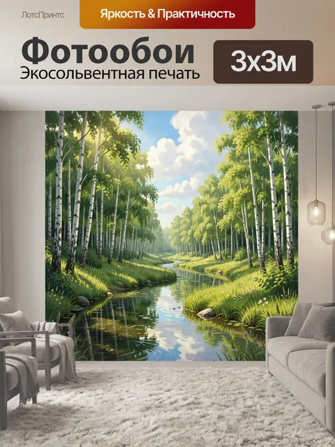 Фотообои Берёзовая аллея у спокойной речки