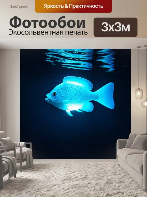 Фотообои подводный светильник в форме рыбы, излучающий мягкий свет в темной глубине океана