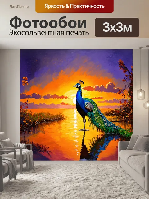 Фотообои индийский павлин нежно щебечет на закате, его перья переливаются в золотом свете