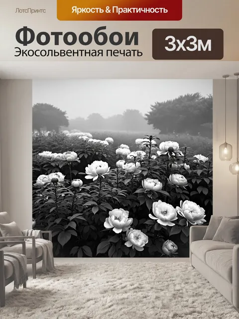 Фотообои густое утреннее утро в саду с пионами, где туман создает мистическую атмосферу