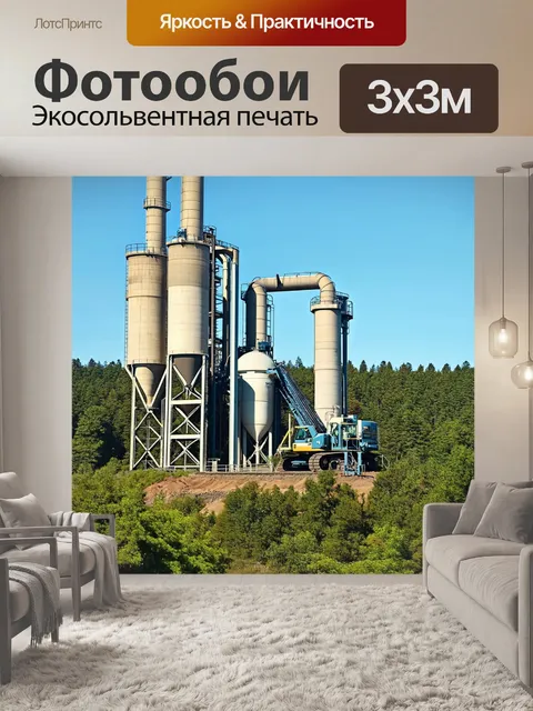 Фотообои огромный бетонный завод на фоне леса, работающий с современным оборудованием