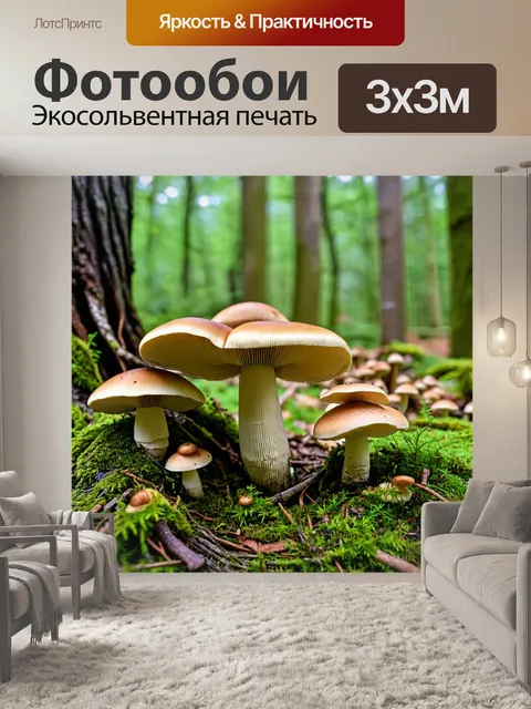 Фотообои грибы съедобные, в лесной экосистеме, около старого дерева, с животными и птицами