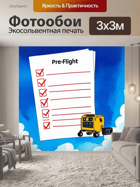 Фотообои на фоне голубого неба с облаками изображен комично детализированный контрольный список перед взлетом
