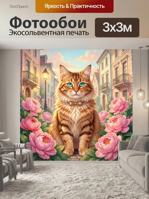 Фотообои Рыжий кот среди пионов