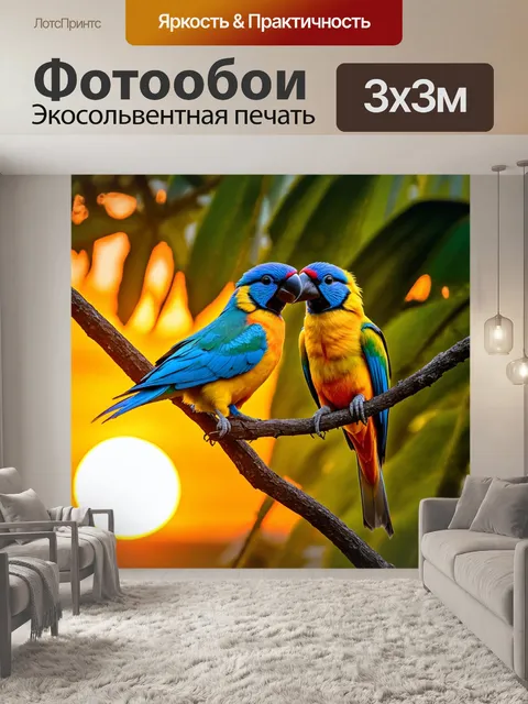 Фотообои яркие тропические птицы на закате