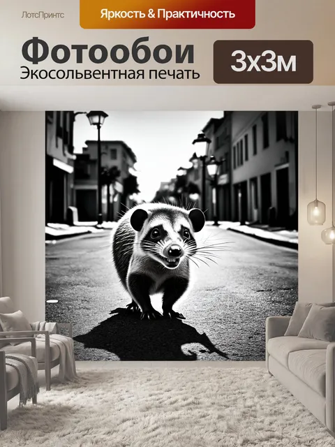Фотообои опоссум бродит по тихой улице в пустом городском районе, его зубы сверкают в свете фонарей