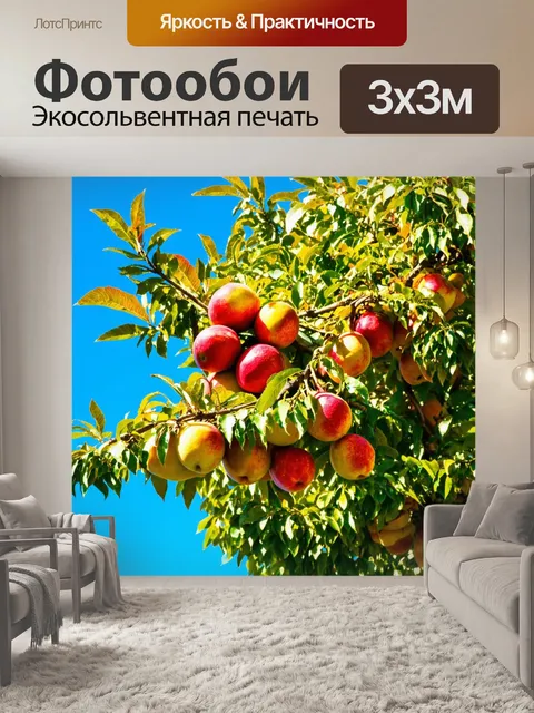 Фотообои дерево с фруктами, излучающее яркие цвета на фоне яркого, ясного неба