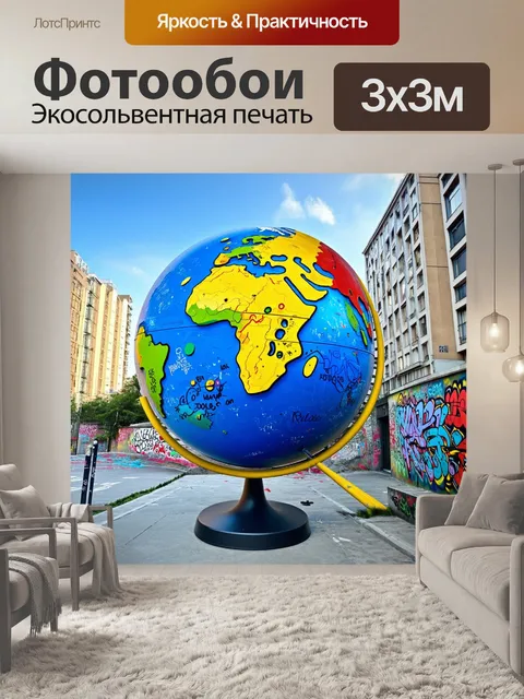Фотообои огромный глобус, выполненный в стиле стрит-арт, с яркими граффити и абстрактными узорами, стоит на фоне…