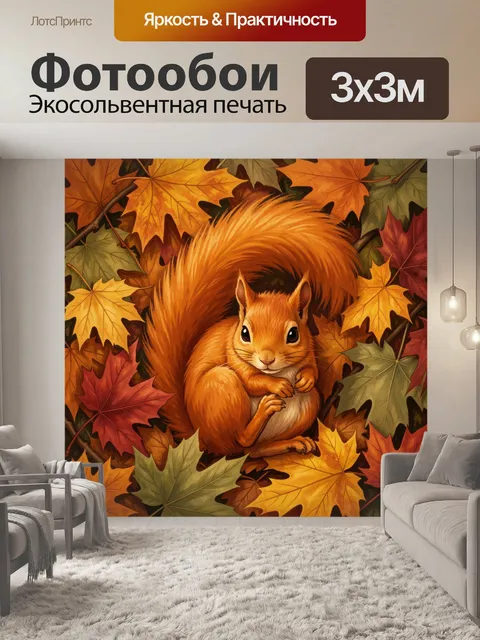 Фотообои Рыжая белка среди осенних листьев