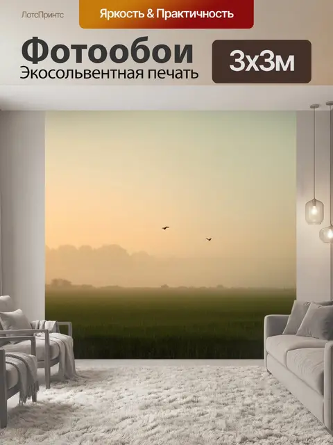 Фотообои природа в стиле джордж иннесс, загадочное утро над полем, легкий туман, птицы в небе, атмосферная гармония