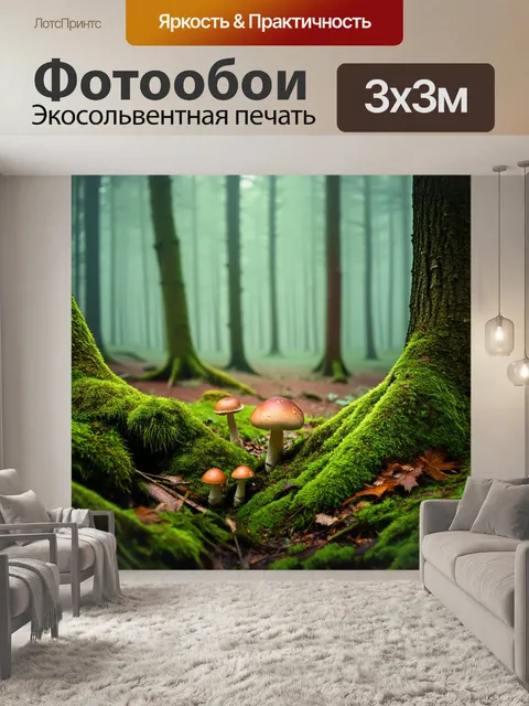 Фотообои англия: лесные анклавы с мшистыми деревьями и грибами, окруженные туманом