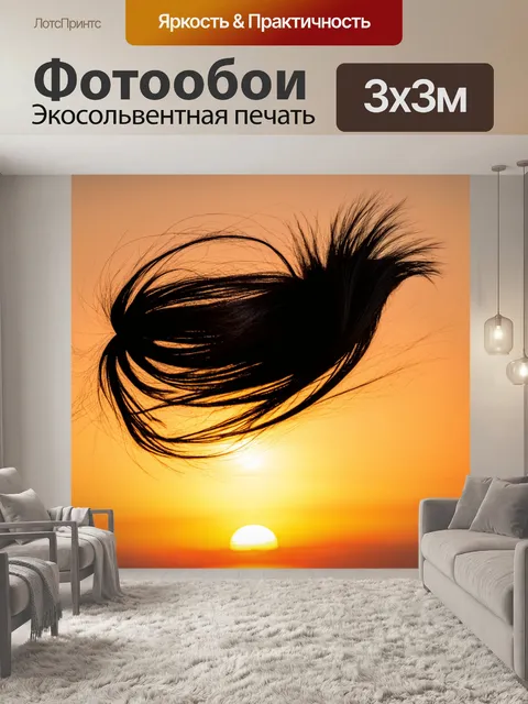 Фотообои вензель, подобный волосам, разлетающийся в разные стороны, создающий эффект движения и динамики на фоне заката