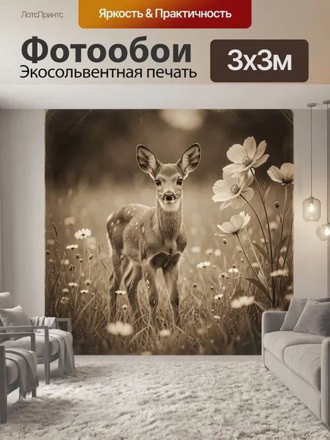 Фотообои Олененок среди полевых цветов