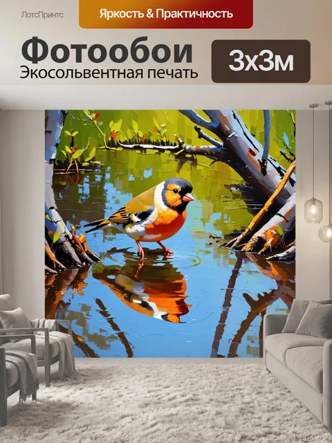 Фотообои уединенный водоем с зебровой амадиной, которая пьет воду на утреннем солнце