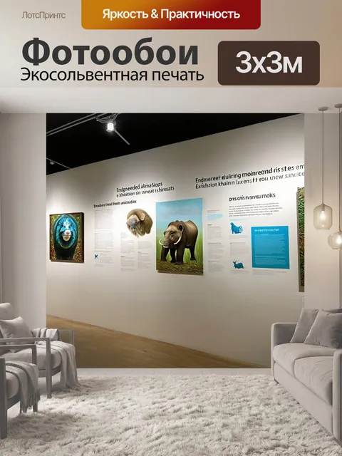 Фотообои выставка, посвященная исчезающим видам животных, с акцентом на их естественные места обитания и угрозы…