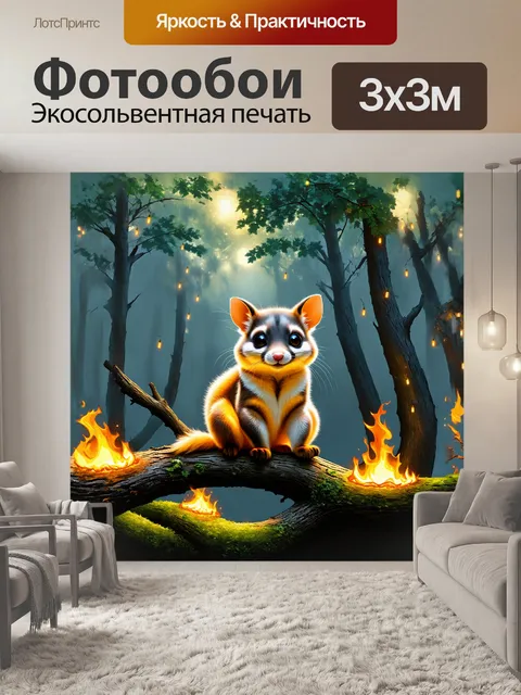 Фотообои млекопитающее, маленькое ночное существо, сидит на ветке дерева, окруженное туманным лесом и светящимися…