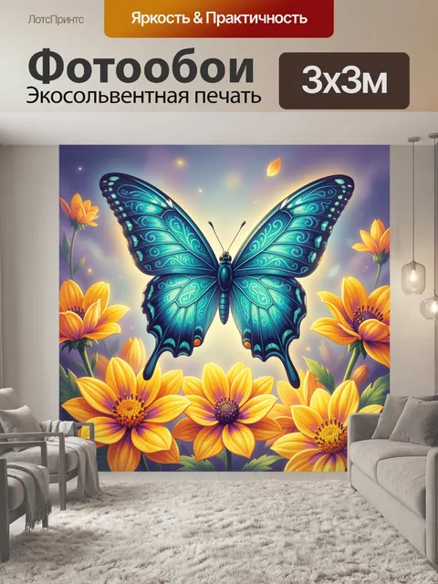 Фотообои Бабочка среди золотых цветов