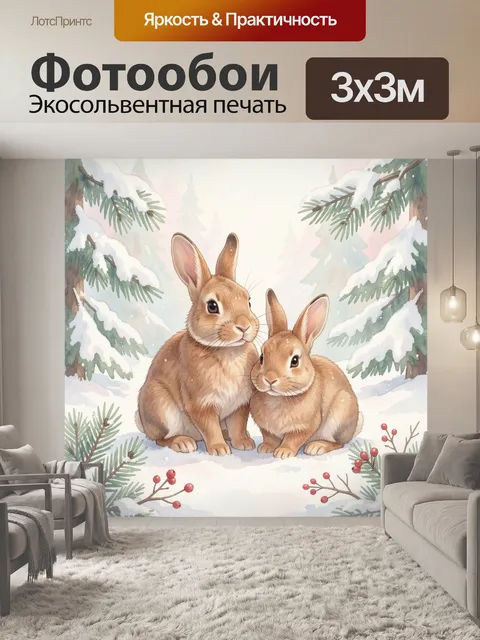 Фотообои Два зайца в зимнем лесу