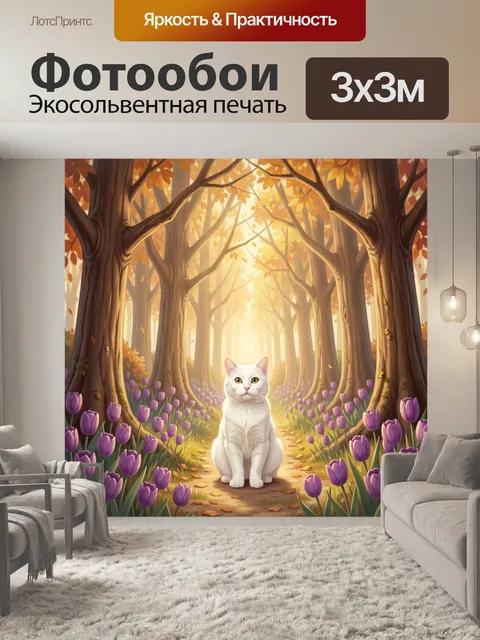 Фотообои Белый кот в осеннем лесу