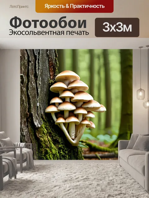 Фотообои лесные грибы в пастельных оттенках растут на старом дереве, создавая уединённый момент